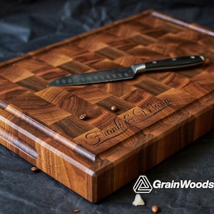 Personalized Double-sided Walnut Cutting Board, Reversible Butcher Block End Grain Cutting Boards with Juice Groove