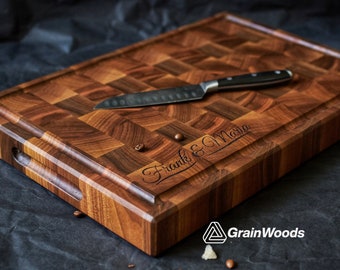 Personalized Double-sided Walnut Cutting Board, Reversible Butcher Block End Grain Cutting Boards with Juice Groove