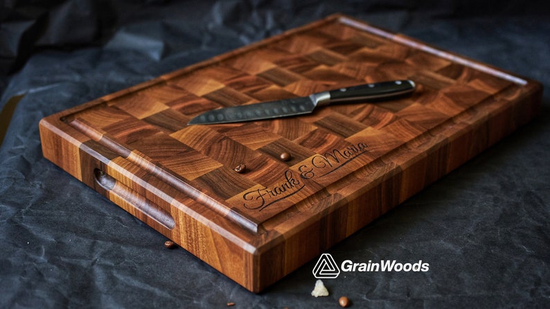Personalized Double-sided Walnut Cutting Board, Reversible Butcher Block End Grain Cutting Boards with Juice Groove