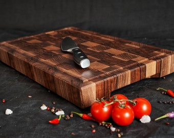 Personalized Walnut End Grain Cutting Board 2" thick with Juice Groove and Handles