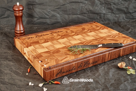 Personalized Double-sided Walnut and Cherry End Grain Cutting Board, End Grain Butcher Block Cutting Board Reversible with Juice Groove