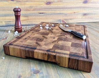 Personalized Walnut End Grain Cutting Board, Butcher Block Chopping Board with Juice Groove