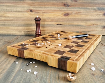 Personalized Walnut and Cherry End Grain Butcher Block Board with Juice Groove
