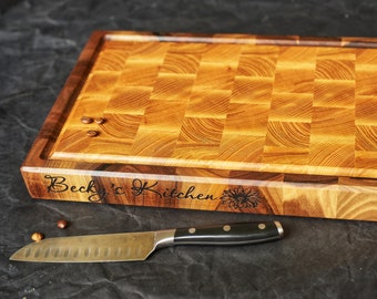 Personalized Walnut and Cherry End Grain Cutting Board,  Butcher Block Chopping Board with Juice Groove