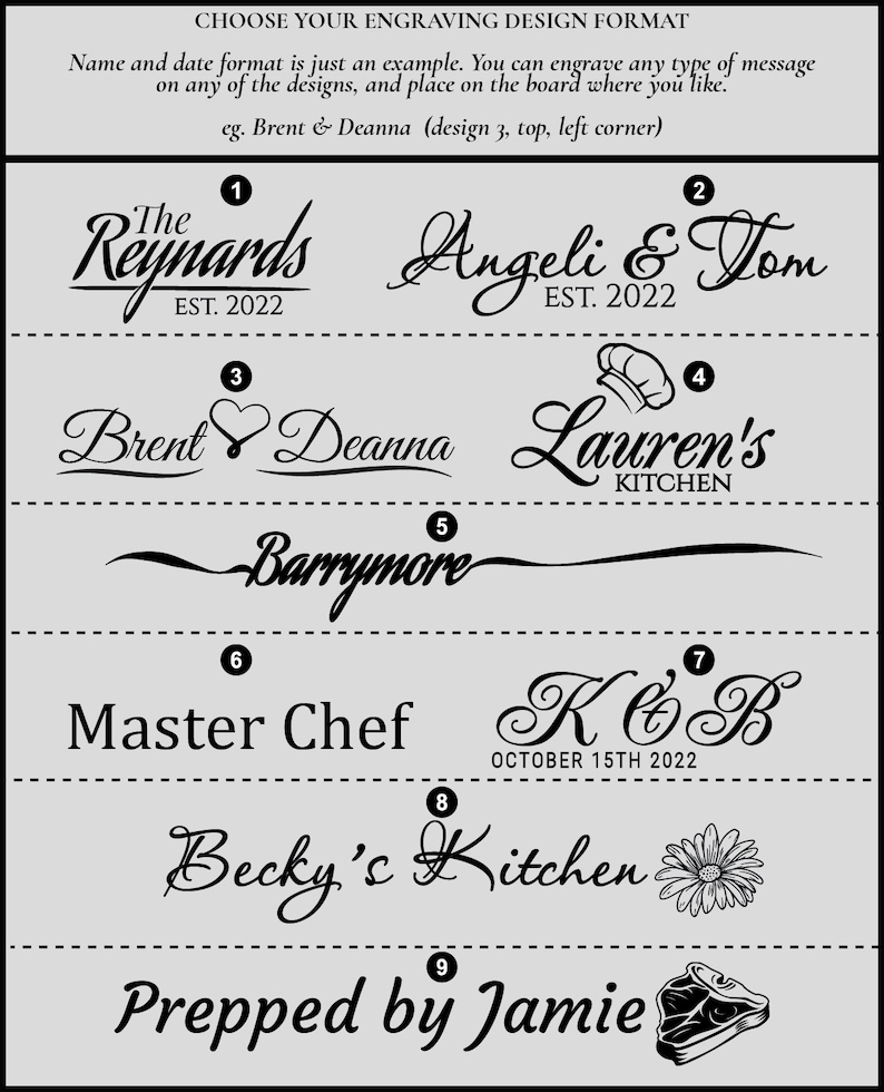 Puede incluir: Nueve opciones de dise&ntilde;o diferentes para una tabla de cortar personalizada. Los dise&ntilde;os incluyen nombres, fechas y frases como "The Reynards", "Angeli & Tom", "Brent & Deanna", "Lauren's Kitchen", "Barrymore", "Master Chef", "K & B", "Becky's Kitchen" y "Prepped by Jamie".