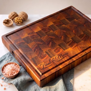 Personalized Double-sided Walnut Cutting Board, Reversible Butcher Block End Grain Cutting Boards with Juice Groove