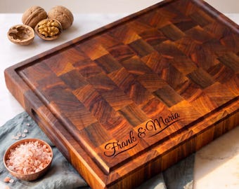 Personalized Double-sided Walnut Cutting Board, Reversible Butcher Block End Grain Cutting Boards with Juice Groove