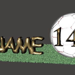 May include: A gold-colored word "NAME" is on a green grassy surface with a white soccer ball with the number "14" in gold lettering.