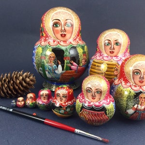 Nesting Dolls Fairy Tale Wooden Matryoshka 10 pcs Stacking Hand Painted 6.2&quot; Made in Ukraine.