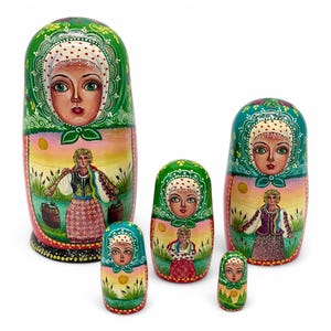 Nesting Doll  - Ukrainian Fairytale  - 7”  5 pcs Green w/ red Hand Painted Folklore Stacking Matryoshka Doll  - Kids gift