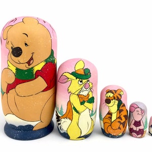 Cartoon Characters Winnie The Pooh  Wooden Nesting Doll 4,1 inches 5 pcs Stacking Matryoshka Xmas Gift for Kids