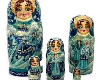 Russian Matryoshka Dolls Nesting Dolls - Folk Story - Winter Holidays - Horses - Fairytale - Blue - 17 cm 5 pcs Hand Painted Xmas Gift