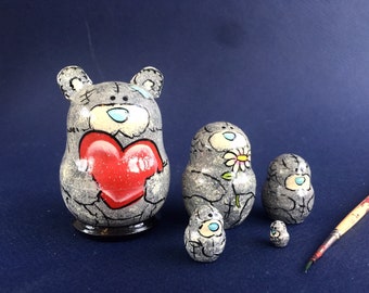 Teddy bear Doll- Nesting Doll  2,5" 5 pcs Gray Bears Handcrafted Valentines Ukrainian Matryoshka