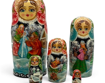 Muñecas rusas Matryoshka, muñecas anidadas, cuento popular de la Doncella de las Nieves, 17 cm, 5 piezas, pintadas a mano, apilables, regalo de Navidad
