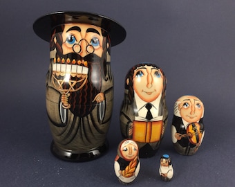 Nesting Dolls Еврейская Семья Еврей сМенорой  5&quot; 12.5см 5шт Handmade Stacking Jews Деревянная Матрешка