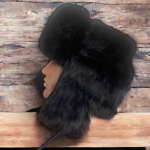 Black Rabbit Hat Fur Winter  Ushanka Trapper Earflap Ski Made in Ukraine Xmas Gift