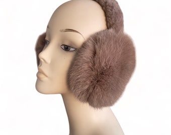 Beige Earmuffs Rabbit Fur Fluffy Stylish Classic Adjustable Size