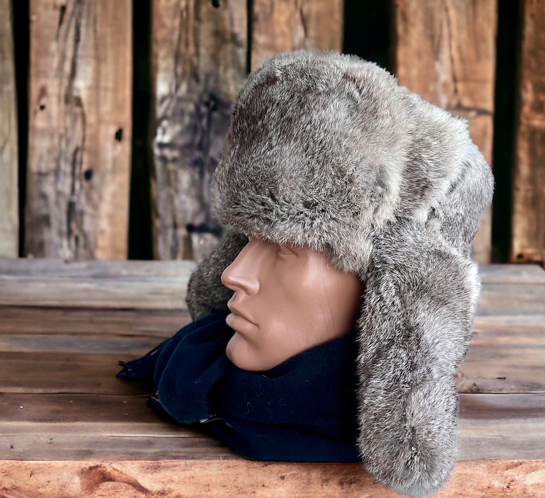 Rabbit Fur Hat Winter Unisex Grey Handcrafted Ushanka Trapper