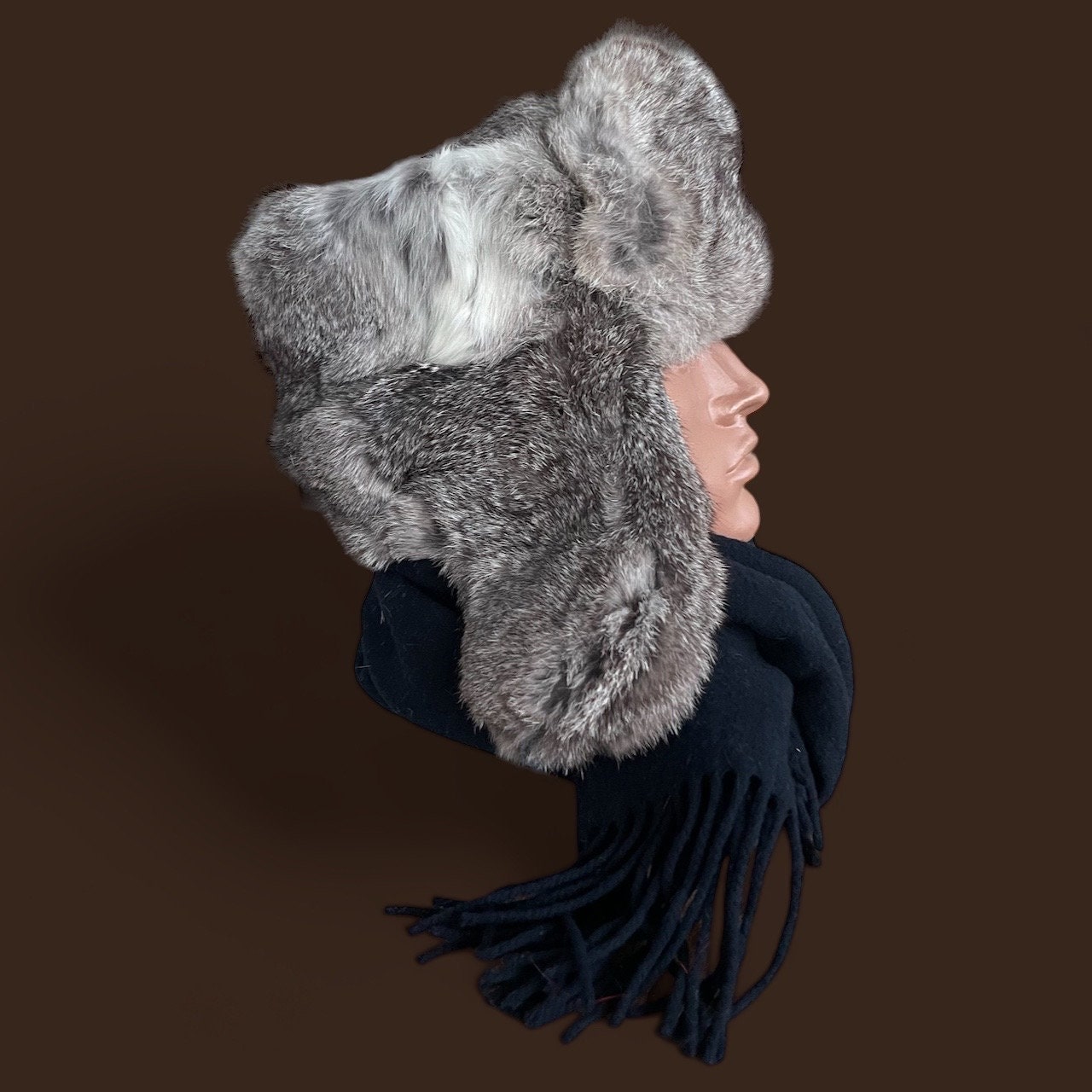 Rabbit Fur Hat Winter Unisex Grey Handcrafted Ushanka