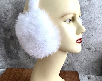 White Earmuffs - Rabbit Fur Adjustable Earwarmers Fluffy Stylish Classic  Gift for Her .