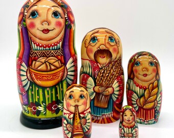 Nesting Dolls - Ukrainian Village Family 6.3 " 5 pcs Baker-man, Farmers Hand Painted Wooden Stacking Matryoshka