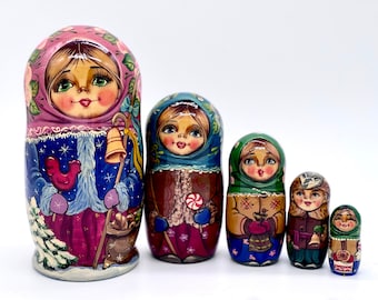 Ukrainian Matryoshka - Nesting Dolls 5 pcs - Christmas Winter- Hand Painted - 6.3”, 16 cm - Xmas Gift-Home Decor