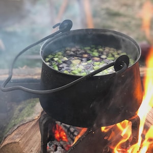 May include: A black cast iron pot, filled with simmering vegetables, hangs over a campfire. The pot's contents include green and purple vegetables. Smoke rises from the pot, and flames dance below, creating a rustic outdoor cooking scene.