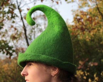 green pixie hat - sauna fantasy hat - forest elf felt hat - Waldwesen Filzhut fur sauna - Elfenhut für die Sauna - felt cap sauna