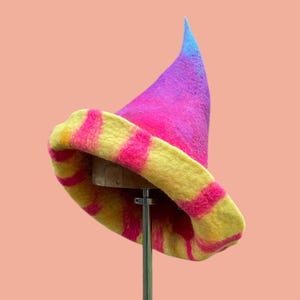 Può includere: Un cappello da strega in feltro colorato con una corona a punta. Il cappello è tinto in tonalità di rosa, viola e giallo.