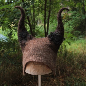 loveful Maleficent style sauna hat - brown ombre felted hat with sheep locks, sauna cap, witch and fairy costume hat with Diabolina horns