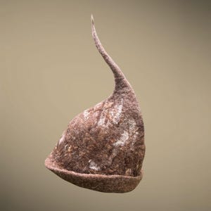 Peut inclure: Un chapeau en feutre marron avec une pointe haute et incurvée. Le chapeau a une base arrondie et une surface texturée avec des taches plus claires. Le chapeau est posé sur un fond neutre.