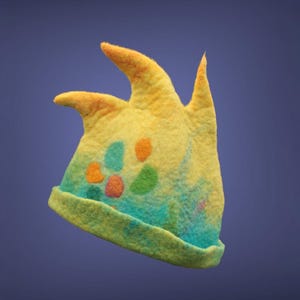 handfelted unique yellow sauna hat, funky flames hat, handgefilzte muetze fur sauna, crazy colors felt hat, festival sauna hat