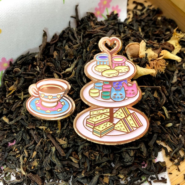 Tiered Tea Tray and Teacup Enamel Pin Set of Two