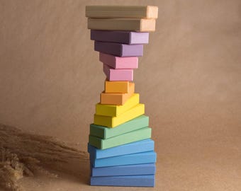 Wooden Bricks Toys Pastel Rainbow Blocks Set Montessori Materials for Children Toddlers Educational Learning 1st Birthday Gift Kid Girl Boy