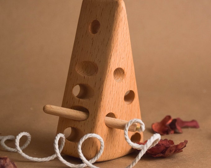 Wood Lacing Toy Cheese, Montessori Baby Toys, Waldorf Wooden Toys for