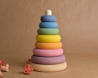 Pastel Wooden Stacking Rings Rainbow Stacker Toy Birthday Unique Gift for Toddlers Montessori Materials Learning Educational Kids Room Decor