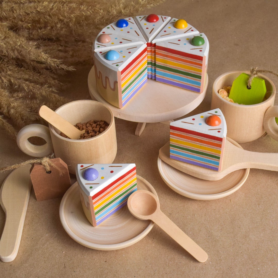Wooden Tea Set Toddler With Rainbow Cake Toy for Wooden Play Etsy