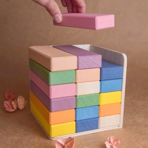 Pastel Wooden Building Bricks, Rainbow Stacking Blocks with Stand, Unique Handmade Gift for Teen Daughter and Son
