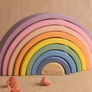 Personalized Stacking Rainbow Wooden Toy Pastel Colors Montessori Materials Educational Learning for Children 1st Birthday Unique Gift Kids