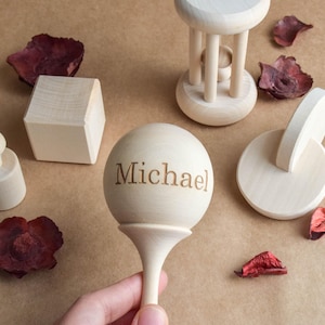 Wooden Montessori Baby Gift Toys Set, Personalized Baby Rattle, Interlocking Double Discs, Classic Rolling Ball Cylinder, Palmar Grasp Block