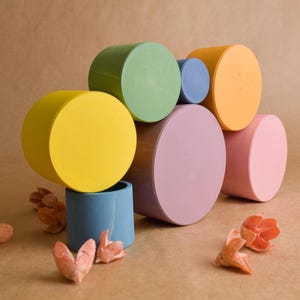 May include: A collection of colourful, cylindrical wooden blocks in shades of yellow, green, blue, orange, purple, and pink. The blocks are stacked, with dried flowers scattered around.