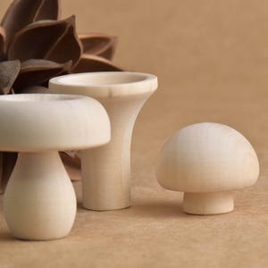 May include: Three wooden mushroom figurines in varying sizes, with a natural, unpainted finish. A dried, brown floral element is in the background. The mushrooms are set against a neutral, light brown backdrop.