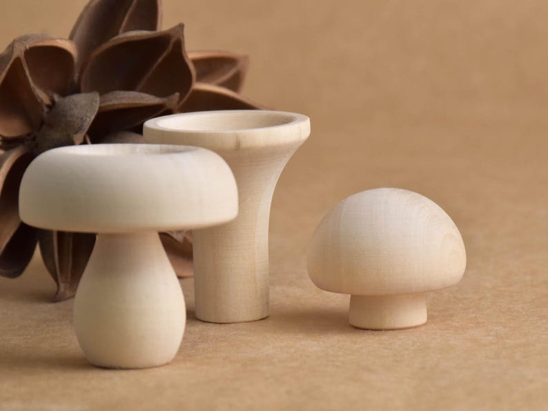 May include: Three wooden mushroom figurines in varying sizes, with a natural, unpainted finish. A dried, brown floral element is in the background. The mushrooms are set against a neutral, light brown backdrop.