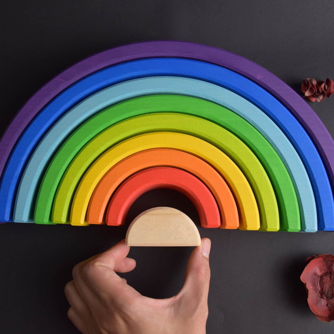 Wooden Rainbow Stacking Toy Large 9 Piece, Montessori Rainbow Stacker ...