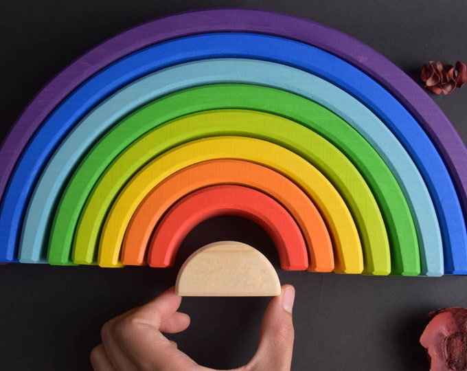 Wooden Rainbow Stacking Toy Large 9 Piece Montessori Rainbow Etsy