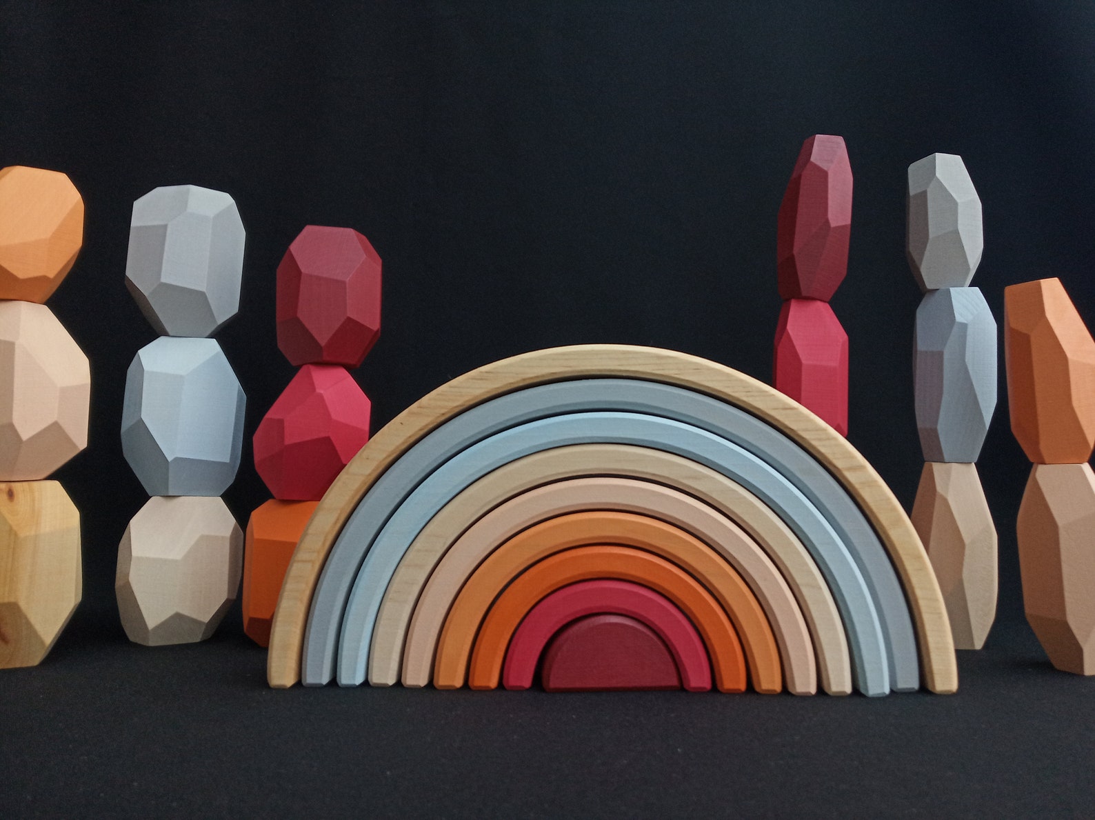 Wooden Neutral Rainbow Stacking Toy Large 9 Piece Montessori Etsy