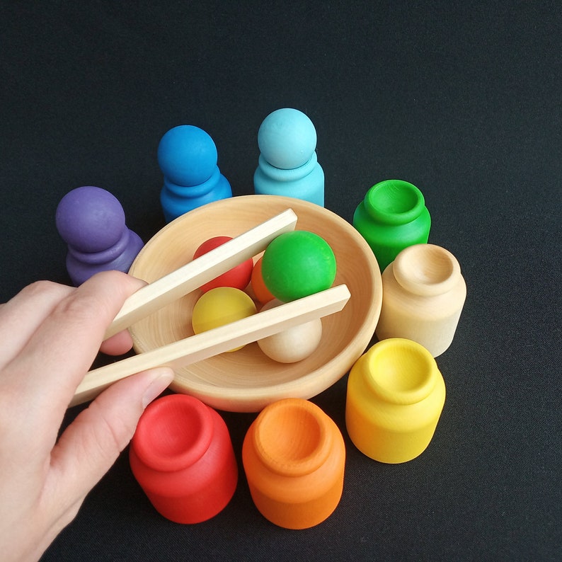 Wooden Sorting toy rainbow Cups and Balls for toddler Baby Etsy