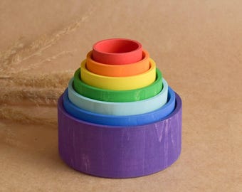 Wooden Stacking Bowls Set Rainbow Stacking Cups Toy Color Sorting Montessori Material Learning Educational Unique Children Gift for Birthday