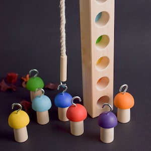 Color Sorting, Wooden Rainbow Toy Mushrooms on a Fishing rod, Rainbow Montessori Toy, Learning Toys, Montessori Baby Toys, Waldorf Toys