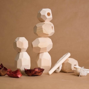 Natural Wooden Stacking Blocks Montessori Wood Lacing Toy Balancing Stones Learning Educational Sensory Unique Gift for Boys Girls Toddlers